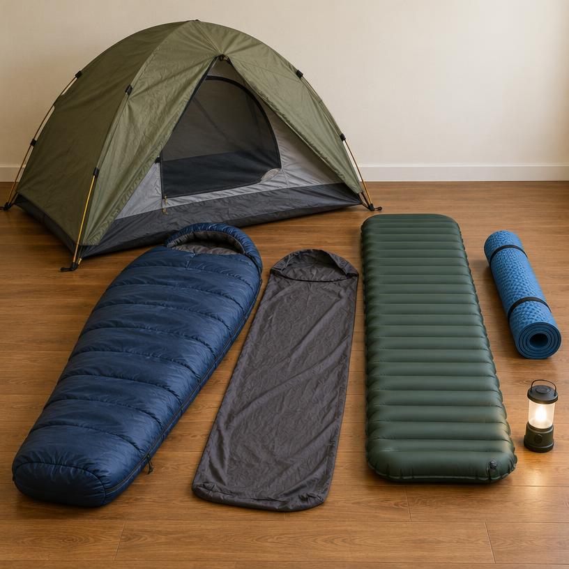 Illustrative sleeping bags, tents & mats